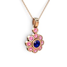 Pembe kuvars ve lab safir 18 ayar rose altın kolye (40 cm rose altın rolo zincir)