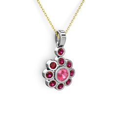 Elmas Çiçek Kolye - Rodolit garnet ve pembe kuvars 14 ayar beyaz altın kolye (40 cm altın rolo zincir) #pf281d