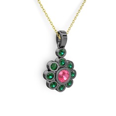 Elmas Çiçek Kolye - Yeşil kuvars ve pembe kuvars 925 ayar siyah rodyum kaplama gümüş kolye (40 cm altın rolo zincir) #qcd3el