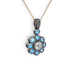 Elmas Çiçek Kolye - Akuamarin ve elmas 925 ayar siyah rodyum kaplama gümüş kolye (0.5 karat, 40 cm gümüş rolo zincir) #qno0hl