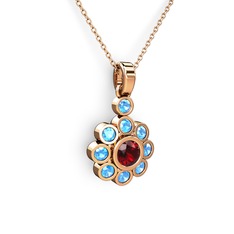 Elmas Çiçek Kolye - Akuamarin ve garnet 14 ayar rose altın kolye (40 cm rose altın rolo zincir) #qteu6y