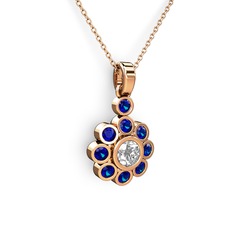 Elmas Çiçek Kolye - Lab safir ve elmas 14 ayar rose altın kolye (0.5 karat, 40 cm rose altın rolo zincir) #r1lpby