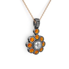 Elmas Çiçek Kolye - Sitrin ve pırlanta 925 ayar siyah rodyum kaplama gümüş kolye (0.5 karat, 40 cm rose altın rolo zincir) #s4tnq2