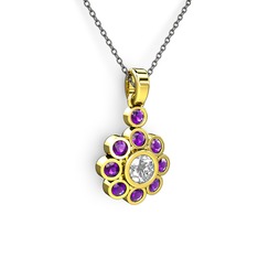 Elmas Çiçek Kolye - Ametist ve swarovski 14 ayar altın kolye (40 cm gümüş rolo zincir) #sf56zm