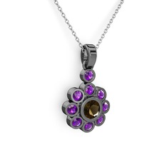 Elmas Çiçek Kolye - Ametist ve dumanlı kuvars 925 ayar siyah rodyum kaplama gümüş kolye (40 cm gümüş rolo zincir) #subgrq