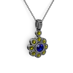 Elmas Çiçek Kolye - Peridot ve lab safir 925 ayar siyah rodyum kaplama gümüş kolye (40 cm gümüş rolo zincir) #u4jr8b