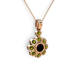 Elmas Çiçek Kolye - Peridot ve siyah zirkon 18 ayar rose altın kolye (40 cm rose altın rolo zincir) #uj3txj