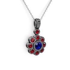 Elmas Çiçek Kolye - Garnet ve lab safir 925 ayar siyah rodyum kaplama gümüş kolye (40 cm gümüş rolo zincir) #umwy6i