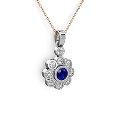 Elmas Çiçek Kolye - Swarovski ve lab safir 14 ayar beyaz altın kolye (40 cm rose altın rolo zincir) #unsl9e