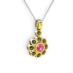 Elmas Çiçek Kolye - Dumanlı kuvars ve pembe kuvars 14 ayar altın kolye (40 cm beyaz altın rolo zincir) #up852u
