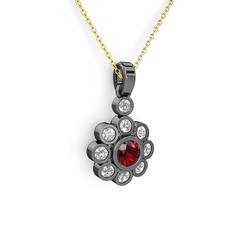 Elmas Çiçek Kolye - Beyaz zirkon ve garnet 925 ayar siyah rodyum kaplama gümüş kolye (40 cm gümüş rolo zincir) #upgkw4