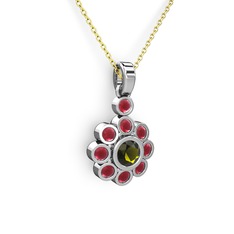 Kök yakut ve peridot 18 ayar beyaz altın kolye (40 cm gümüş rolo zincir)