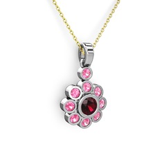 Pembe kuvars ve rodolit garnet 8 ayar beyaz altın kolye (40 cm altın rolo zincir)