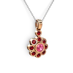 Elmas Çiçek Kolye - Garnet ve pembe kuvars 8 ayar rose altın kolye (40 cm beyaz altın rolo zincir) #xh93qc