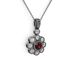 Pırlanta ve rodolit garnet 925 ayar siyah rodyum kaplama gümüş kolye (0.54 karat, 40 cm gümüş rolo zincir)