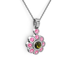 Pembe kuvars ve peridot 925 ayar gümüş kolye (40 cm gümüş rolo zincir)