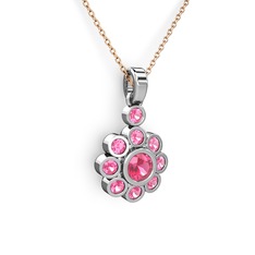 Elmas Çiçek Kolye - Pembe kuvars 18 ayar beyaz altın kolye (40 cm rose altın rolo zincir) #yekat4