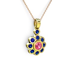 Lab safir ve pembe kuvars 18 ayar altın kolye (40 cm rose altın rolo zincir)
