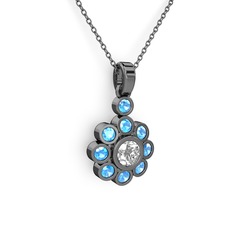Akuamarin ve swarovski 925 ayar siyah rodyum kaplama gümüş kolye (40 cm gümüş rolo zincir)