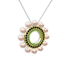 Velinda İnci Kolye - Pembe inci, yeşil kuvars ve siyah zirkon 18 ayar altın kolye (40 cm gümüş rolo zincir) #102wahh