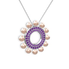 Velinda İnci Kolye - Pembe inci ve ametist 925 ayar gümüş kolye (40 cm beyaz altın rolo zincir) #10kw2oc