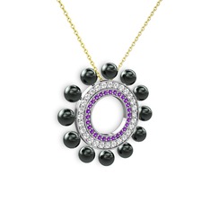 Velinda İnci Kolye - Siyah inci, ametist ve swarovski 8 ayar beyaz altın kolye (40 cm gümüş rolo zincir) #10lrpus