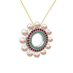 Pembe inci, yeşil kuvars ve garnet 14 ayar beyaz altın kolye (40 cm gümüş rolo zincir)