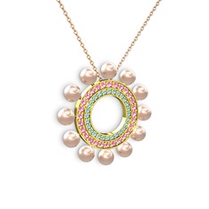 Velinda İnci Kolye - Pembe inci, akuamarin ve pembe kuvars 8 ayar altın kolye (40 cm rose altın rolo zincir) #10sd9kq