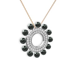 Velinda İnci Kolye - Siyah inci, swarovski ve pırlanta 925 ayar gümüş kolye (0.2464 karat, 40 cm rose altın rolo zincir) #10ymxpu