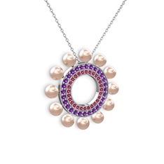 Velinda İnci Kolye - Pembe inci, rodolit garnet ve ametist 18 ayar beyaz altın kolye (40 cm beyaz altın rolo zincir) #11klc8o