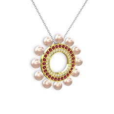Velinda İnci Kolye - Pembe inci, swarovski ve rodolit garnet 18 ayar altın kolye (40 cm beyaz altın rolo zincir) #11uufu6