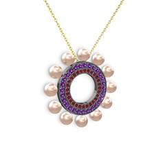 Velinda İnci Kolye - Pembe inci, garnet ve ametist 925 ayar siyah rodyum kaplama gümüş kolye (40 cm gümüş rolo zincir) #11wyjrm