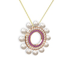 Inci, ametist ve pırlanta 18 ayar rose altın kolye (0.2464 karat, 40 cm gümüş rolo zincir)