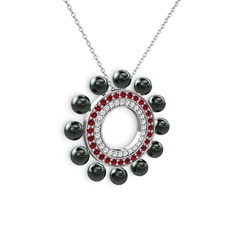 Siyah inci, pırlanta ve garnet 18 ayar beyaz altın kolye (0.42 karat, 40 cm beyaz altın rolo zincir)