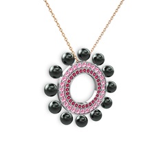 Velinda İnci Kolye - Siyah inci, rodolit garnet ve pembe kuvars 18 ayar beyaz altın kolye (40 cm rose altın rolo zincir) #12z75mi