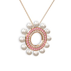 Velinda İnci Kolye - Inci, pırlanta ve pembe kuvars 8 ayar rose altın kolye (0.42 karat, 40 cm rose altın rolo zincir) #1390qo4
