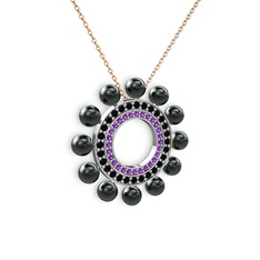 Velinda İnci Kolye - Siyah inci, ametist ve siyah zirkon 8 ayar beyaz altın kolye (40 cm rose altın rolo zincir) #13lalp1