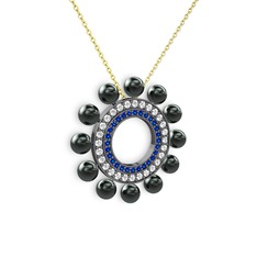 Velinda İnci Kolye - Siyah inci, lab safir ve swarovski 925 ayar siyah rodyum kaplama gümüş kolye (40 cm altın rolo zincir) #13mlmk1