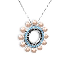 Pembe inci, siyah zirkon ve akuamarin 18 ayar beyaz altın kolye (40 cm beyaz altın rolo zincir)