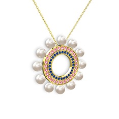 Velinda İnci Kolye - Inci, lab safir ve pembe kuvars 18 ayar altın kolye (40 cm altın rolo zincir) #13rt6qd