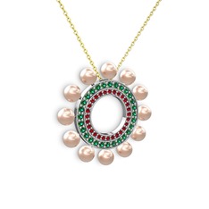 Pembe inci, garnet ve yeşil kuvars 8 ayar beyaz altın kolye (40 cm altın rolo zincir)