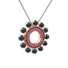Siyah inci, ametist ve garnet 8 ayar rose altın kolye (40 cm gümüş rolo zincir)