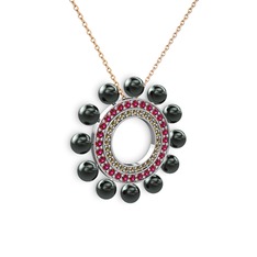 Siyah inci, dumanlı kuvars ve rodolit garnet 8 ayar beyaz altın kolye (40 cm rose altın rolo zincir)