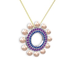 Velinda İnci Kolye - Pembe inci, lab safir ve ametist 18 ayar beyaz altın kolye (40 cm altın rolo zincir) #147ytqw