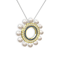 Velinda İnci Kolye - Inci, lab safir ve swarovski 14 ayar altın kolye (40 cm beyaz altın rolo zincir) #14db63y