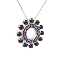 Siyah inci, lab safir ve rodolit garnet 14 ayar beyaz altın kolye (40 cm beyaz altın rolo zincir)