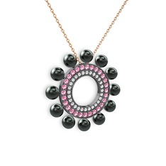 Velinda İnci Kolye - Siyah inci, pırlanta ve pembe kuvars 925 ayar siyah rodyum kaplama gümüş kolye (0.42 karat, 40 cm rose altın rolo zincir) #14k4khu