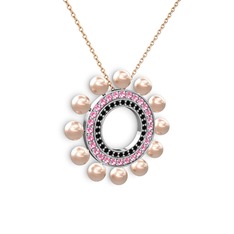 Velinda İnci Kolye - Pembe inci, siyah zirkon ve pembe kuvars 18 ayar beyaz altın kolye (40 cm rose altın rolo zincir) #14misxa