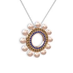 Velinda İnci Kolye - Pembe inci, lab safir ve dumanlı kuvars 18 ayar rose altın kolye (40 cm beyaz altın rolo zincir) #14tlrlq