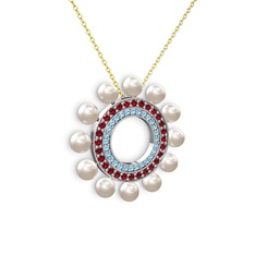 Velinda İnci Kolye - Inci, akuamarin ve garnet 18 ayar beyaz altın kolye (40 cm gümüş rolo zincir) #159155h